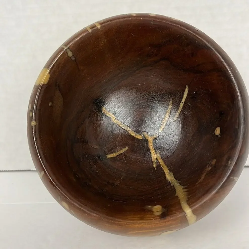 Unique Brown Wooden Bowl with Tan Inlay 6 x 3.5 Inches